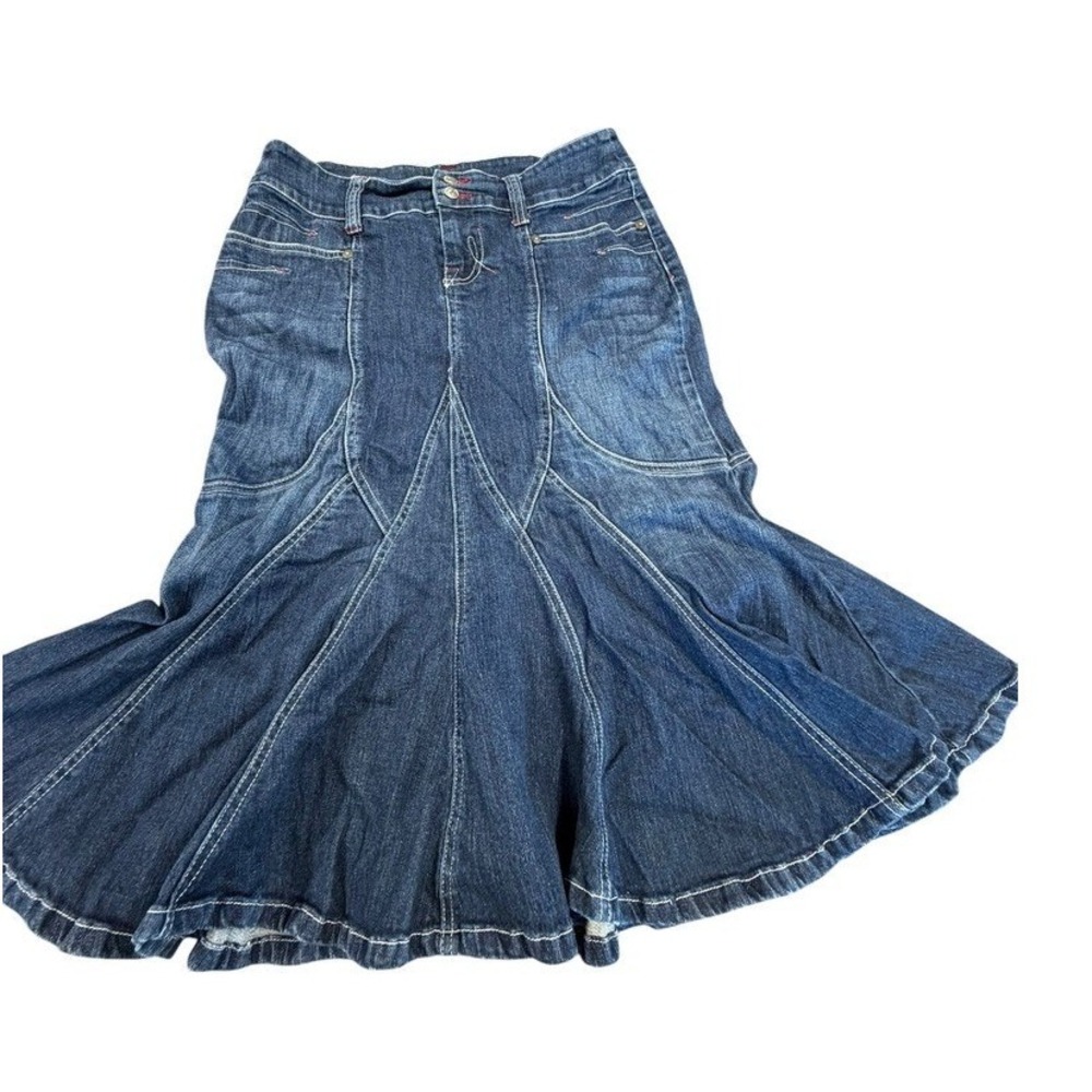RARE Candies Womens‎ SZ 11 Dark Wash Denim Mermaid Paneled Midi Skirt CSAFAIDV